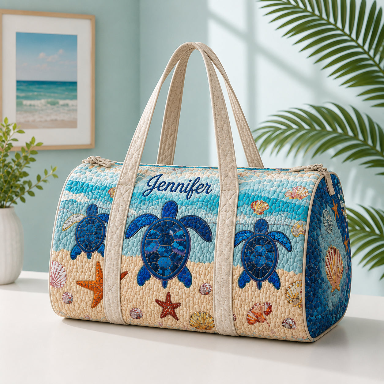 Coastal Sea Turtle Quilted Duffle Bag, Quilted Beach Weekender Bag, Sea Turtle Travel Bag, Quilted Bag Gift QTTVB03