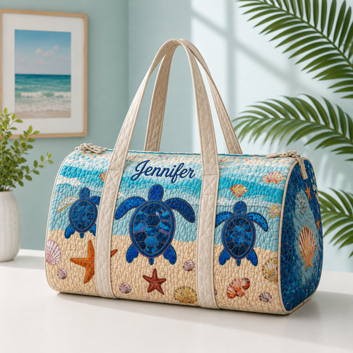 Coastal Sea Turtle Quilted Duffle Bag, Quilted Beach Weekender Bag, Sea Turtle Travel Bag, Quilted Bag Gift QTTVB03