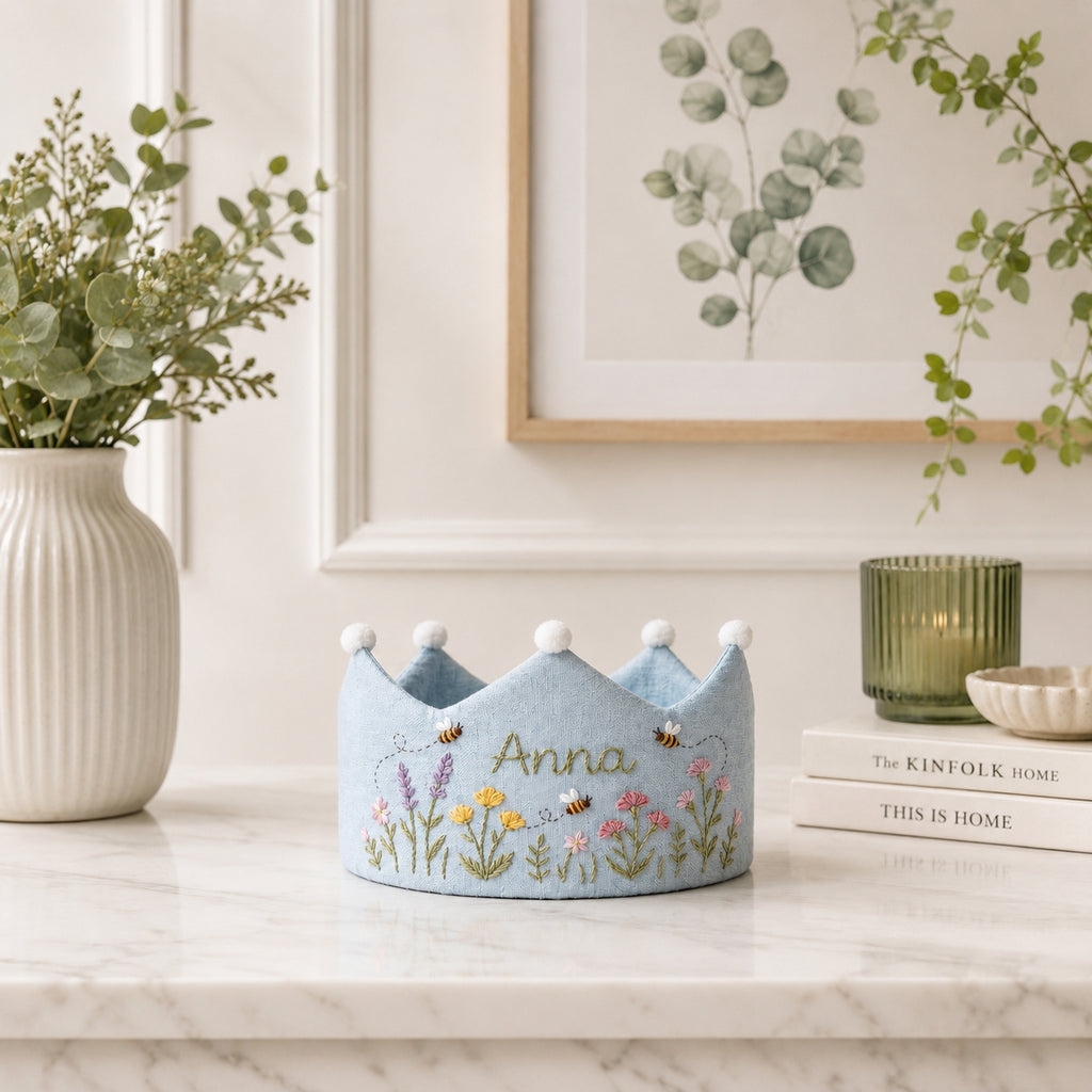 Hand-Embroidered Cute Flower Linen Birthday Crown, Personalized Floral Name Keepsake, Birthday Crown For Kid, Custom Embroidered Crown EMC07