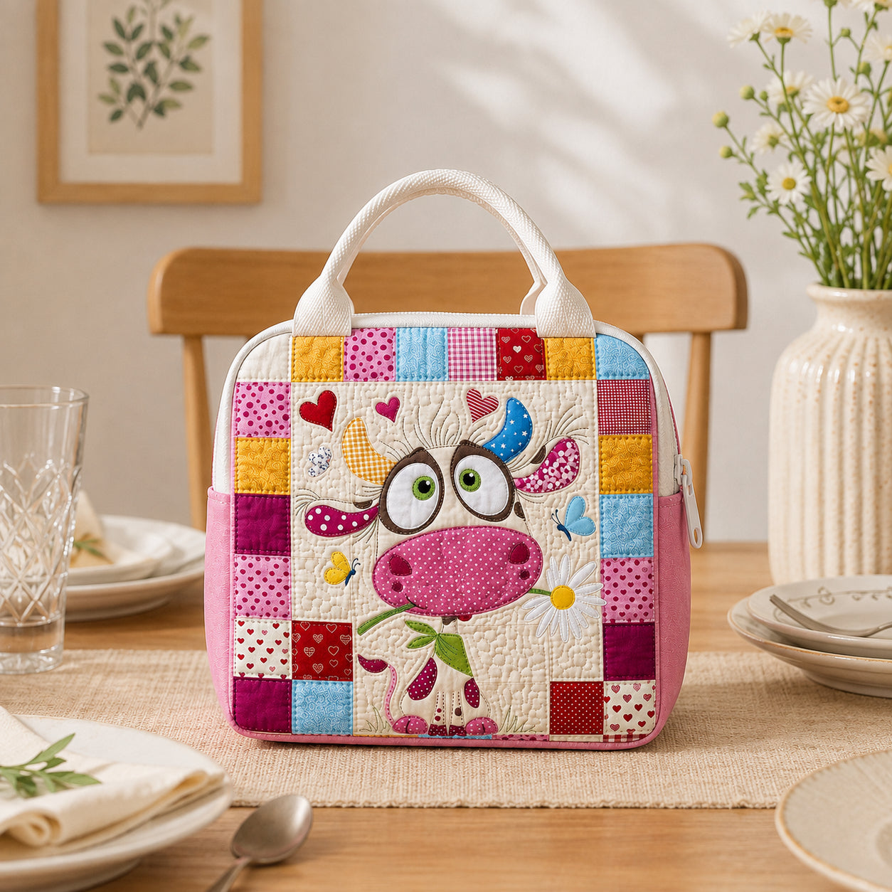 Cute Cow Quilted Lunch Bag, Insulated Quilted Lunch Tote, Animal Lunch Bag, Custom Kid Lunch Bag, Back To School Bag, Picnic Bag, Reusable Lunch Tote QLB08