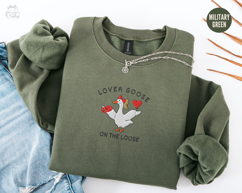 Silly Goose Valentine Sweatshirt – Cute Embroidered Goose, Funny Gift for Best Friend or Girlfriend