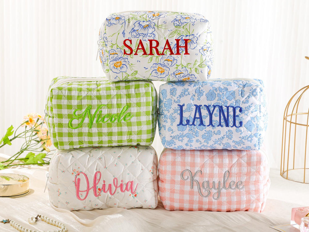 Personalized Embroidered Makeup Bag – Custom Floral Cosmetic Bag, Travel Makeup Pouch, Bridesmaid Gift for Her
