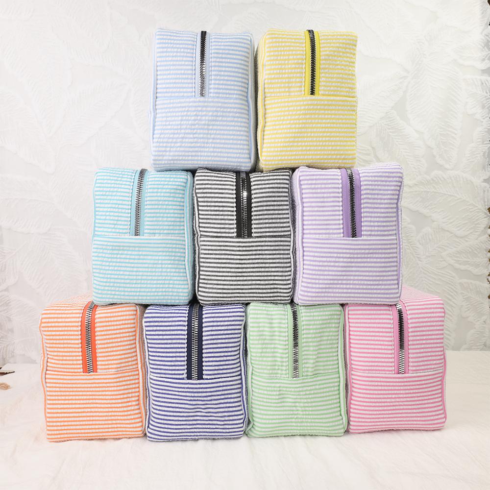 Custom Embroidered Seersucker Toiletry Bag, Personalized Name Travel Pouch, Bridesmaid Gift