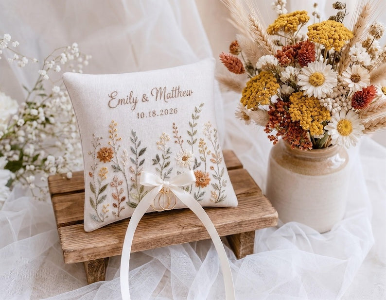 Personalized Embroidered Pastel Floral Wedding Ring Bearer Pillow, Custom Wedding Ring Pillow, Wedding Keepsake Gift WPILLOW07