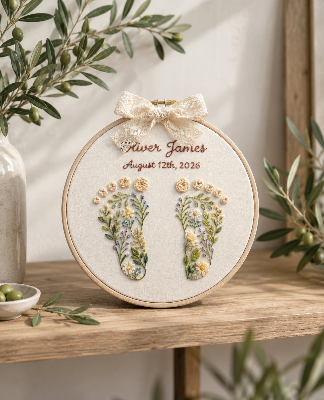 Personalized Hand Embroidered Baby Announcement Sign with Floral Footprints, Custom Baby Name and Birth Date, Handmade Nursery Keepsake Gift for Newborn EM05