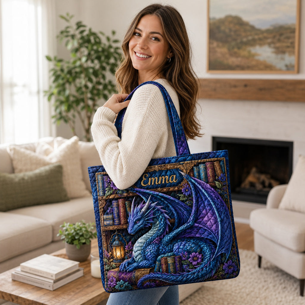Fantasy Dragon Book Quilted Tote Bag, Dragon Pattern Tote Bag, Quilted Shoulder Bag, Quilted Book Bag, Fabric Bag QTOTE59