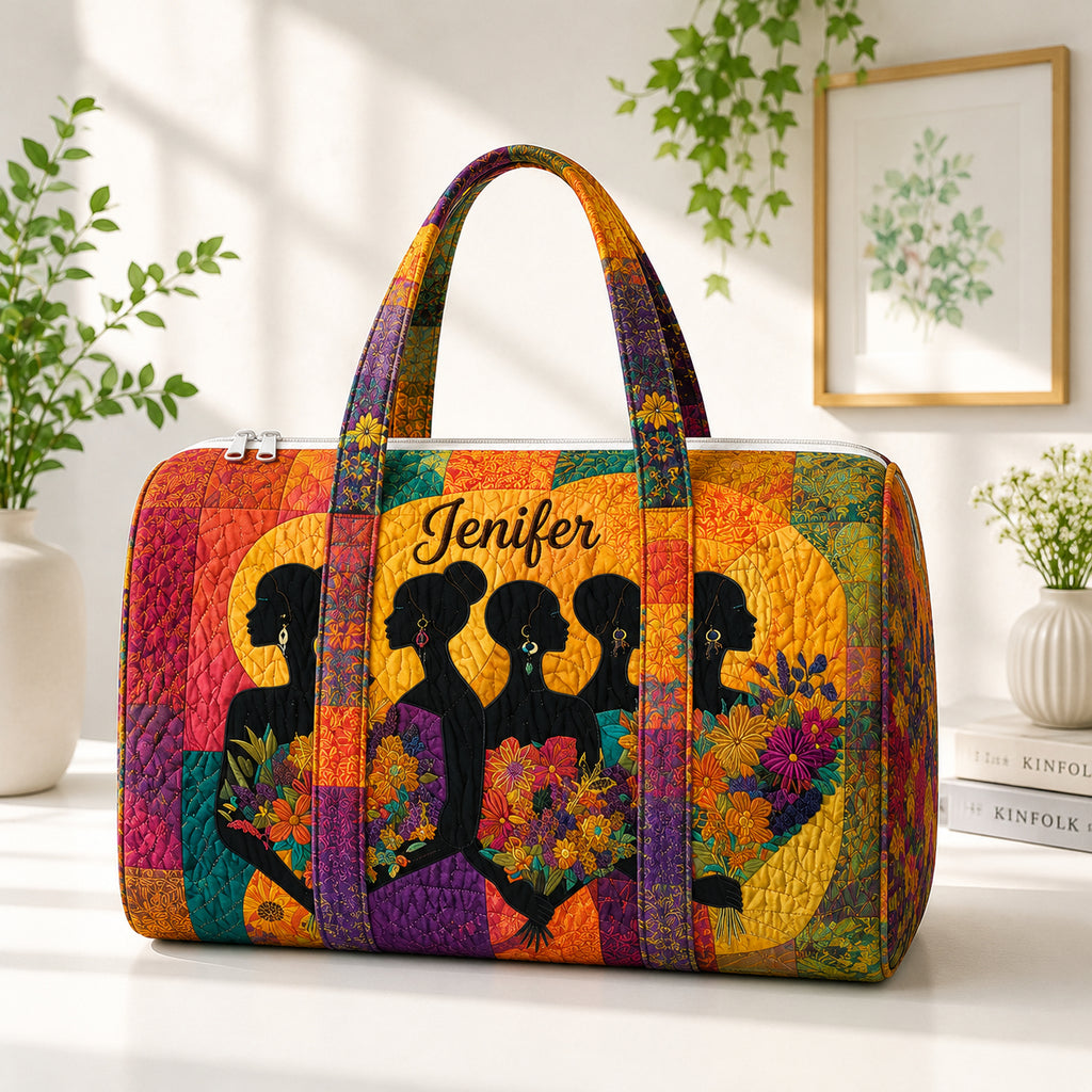 African Women Quilted Duffle Bag, Black Woman Art Travel Bag, Custom Weekender, Fabric Quilt Bag Gift DFB30