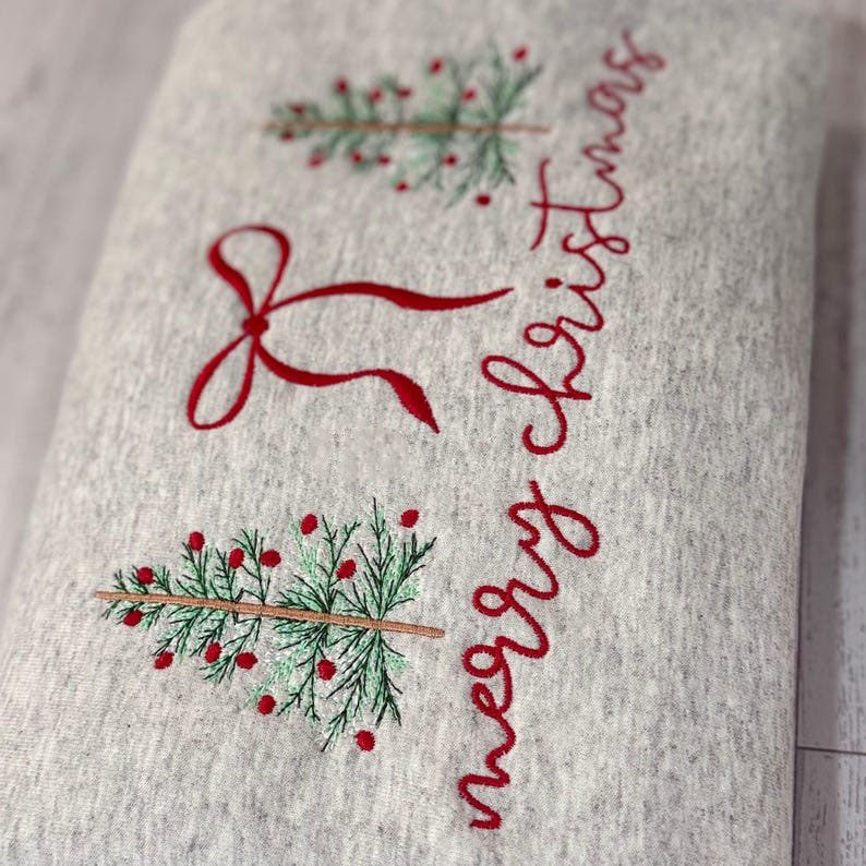 Embroidered Merry Christmas Bow Shirt, Embroidered Christmas Coquette Crewneck Sweatshirt, Embroidered Xmas Tree Shirt, Xmas Gift XMASS02