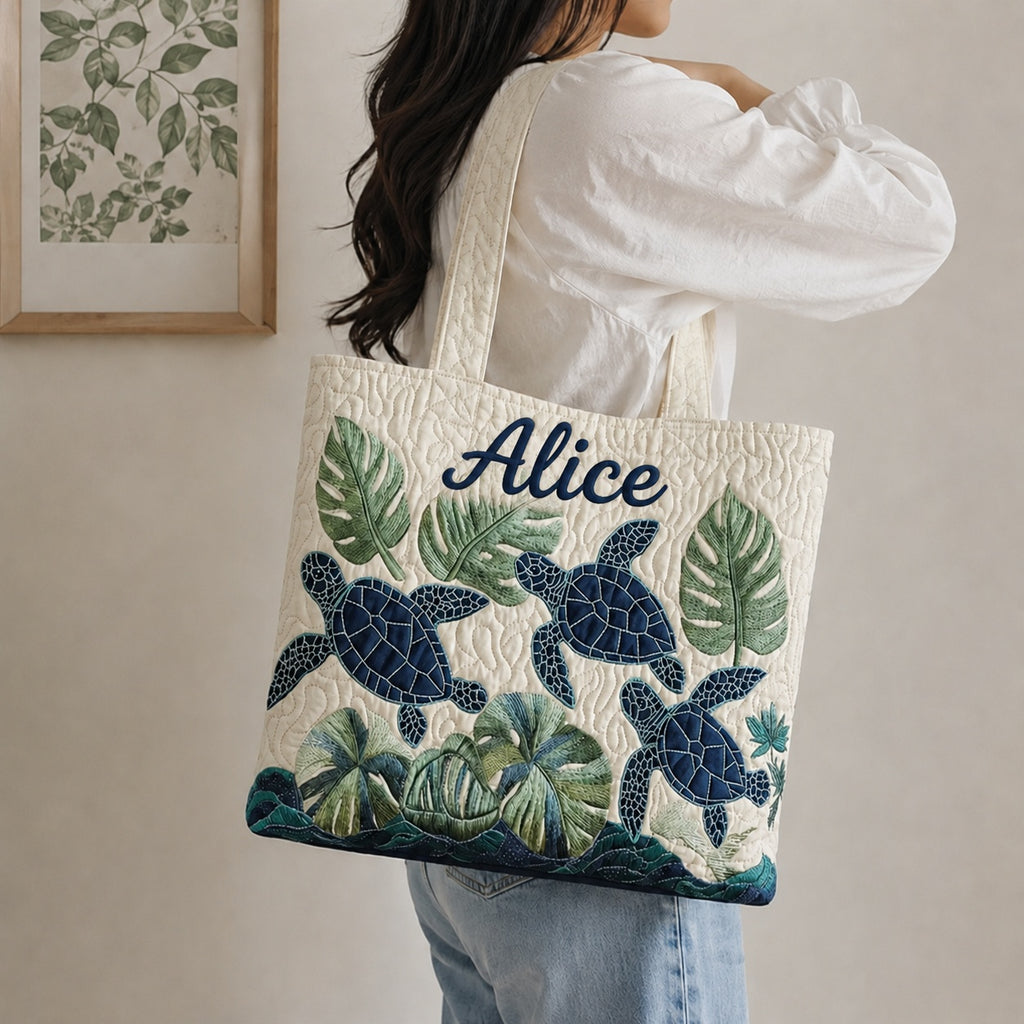 Sea Turtle Quilted Tote Bag, Coastal Beach Shoulder Bag, Ocean Turtle Pattern Art Tote, Fabric Tote Bag, Gift Bag QTOTE32