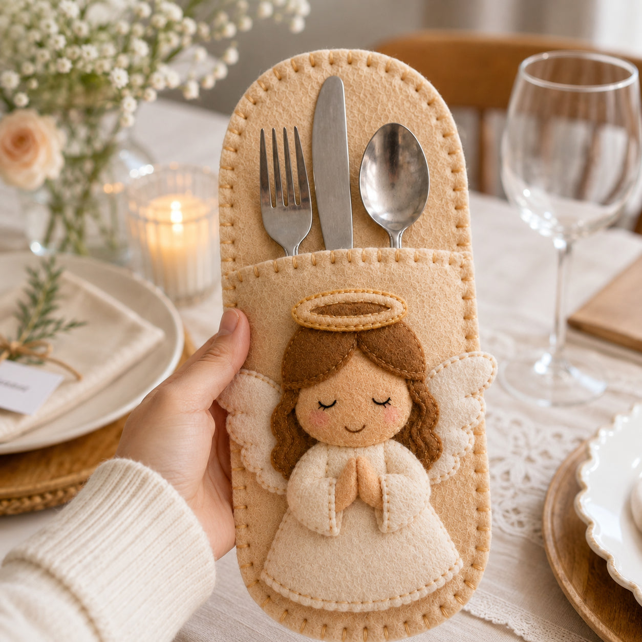 Praying Angel Felt Silverware Holder, Christmas Cutlery Pocket, Religious Holiday Table Decor, Christian Place Setting FELTCH08