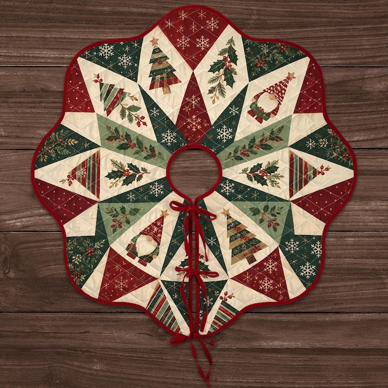 Gnome Quilted Tree Skirt, Patchwork Xmas Tree Skirt, Holiday Decor, Xmas Tree Base Cover, Custom Tree Skirt XMASTS08