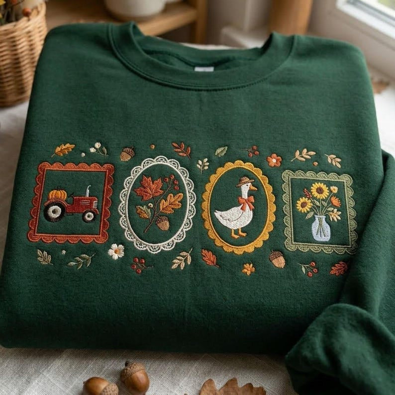 Embroidered Cottagecore Fall Shirt, Unisex Kid/Adult Cozy Season Shirt, Autumn Floral Goose Shirt, Autumn Girly Gift, Halloween Gift Shirt HLNS08