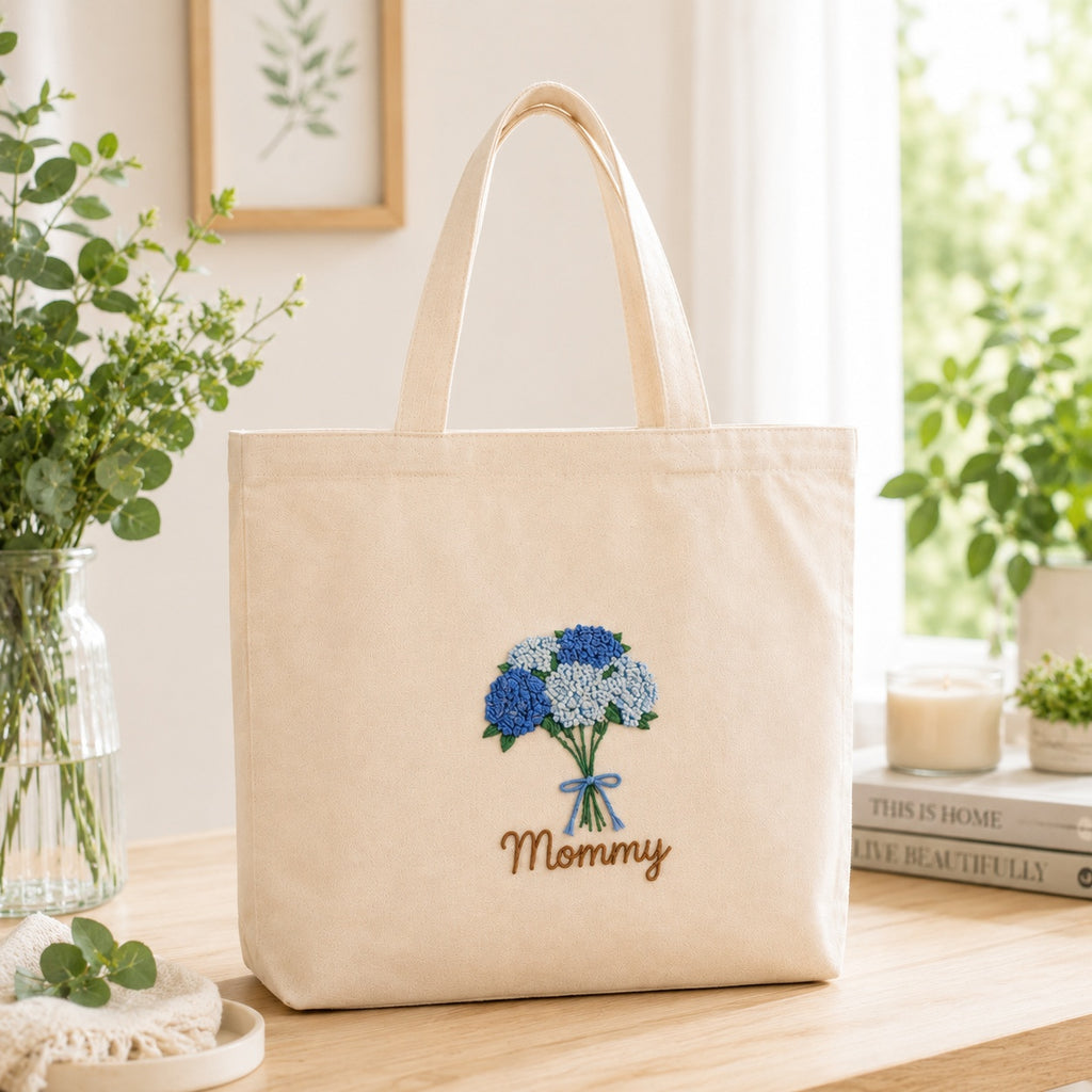 Personalized Hand Embroidered Hydrangea Canvas Tote Bag, Embroidery Flower Tote Bag, Custom Bag, Aesthetic Bag, Handmade Tote Bag EMT08
