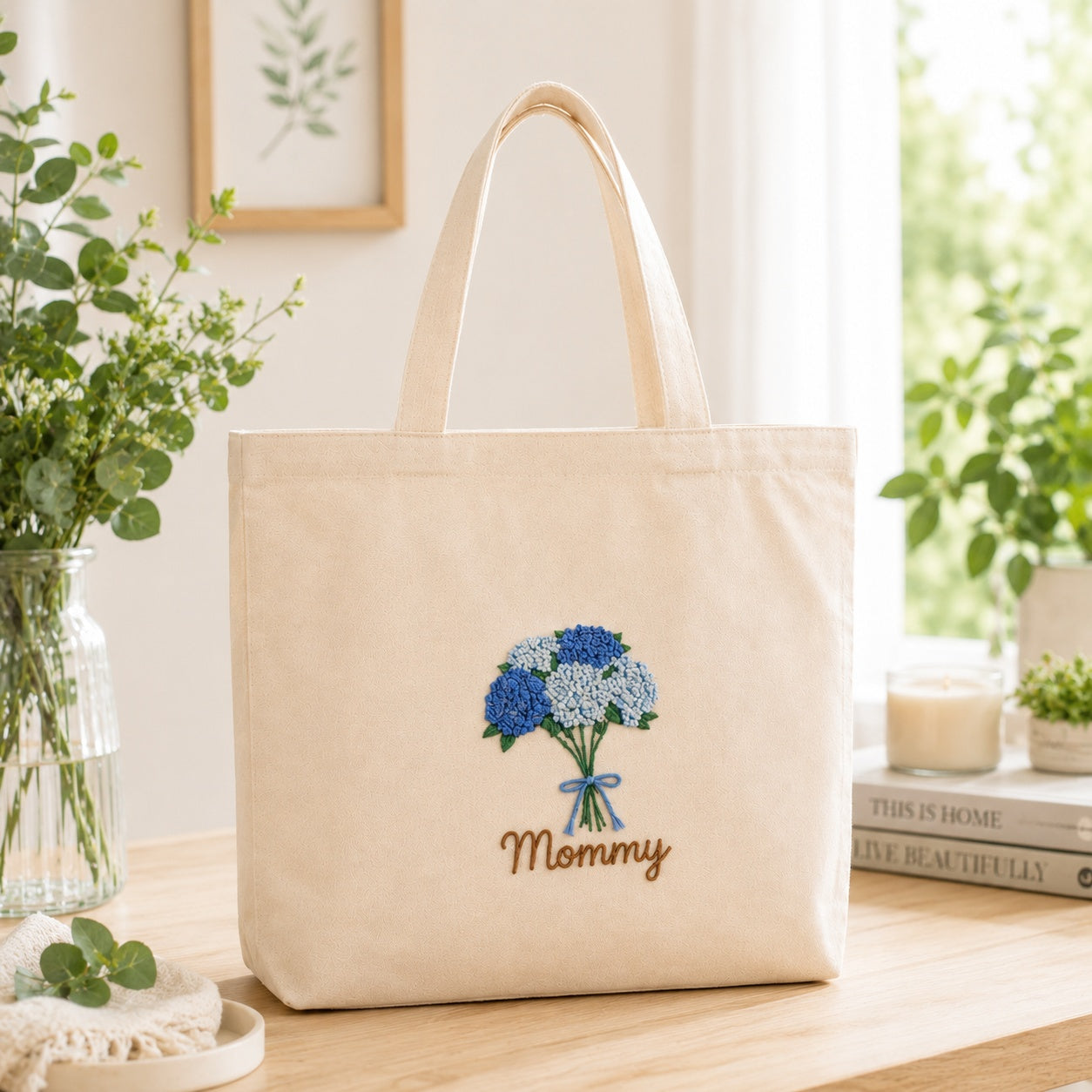 Personalized Hand Embroidered Hydrangea Canvas Tote Bag, Embroidery Flower Tote Bag, Custom Bag, Aesthetic Bag, Handmade Tote Bag EMT08
