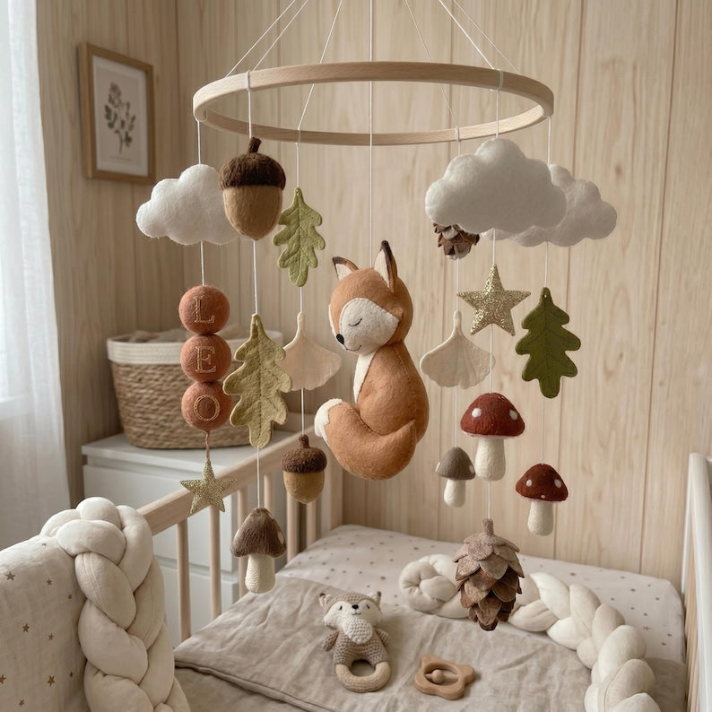 Personalized Fox Felt Baby Mobile, Handmade Woodland Nursery Crib Mobile, Forest Animals Baby Room Decor BBMB08