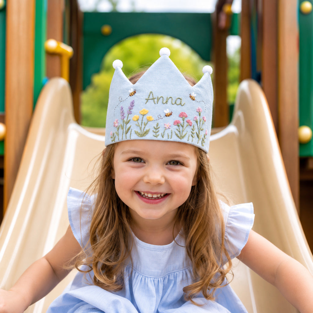 Hand-Embroidered Cute Flower Linen Birthday Crown, Personalized Floral Name Keepsake, Birthday Crown For Kid, Custom Embroidered Crown EMC07