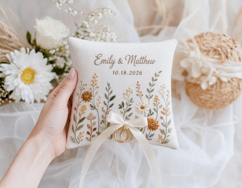 Personalized Embroidered Pastel Floral Wedding Ring Bearer Pillow, Custom Wedding Ring Pillow, Wedding Keepsake Gift WPILLOW07