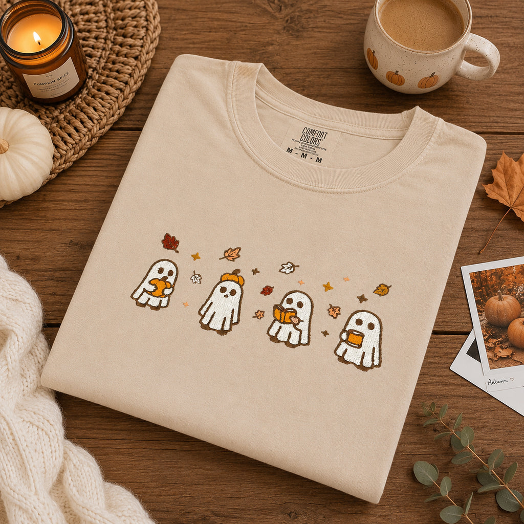 Embroidered Halloween Shirt, Spooky Ghost And Pumpkin Shirt, Unisex Halloween Tee, Halloween Gift HLEM08
