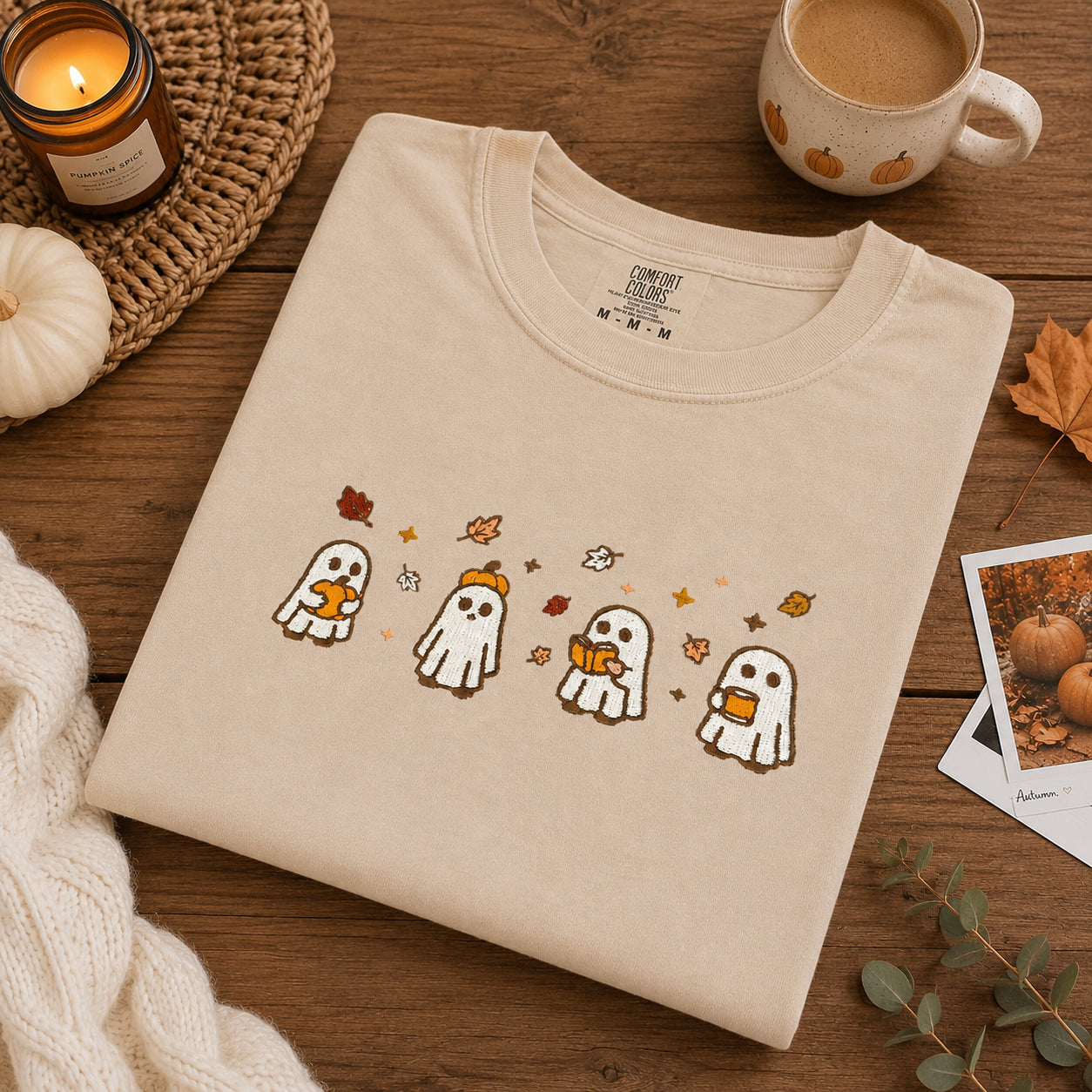 Embroidered Halloween Shirt, Spooky Ghost And Pumpkin Shirt, Unisex Halloween Tee, Halloween Gift HLEM08