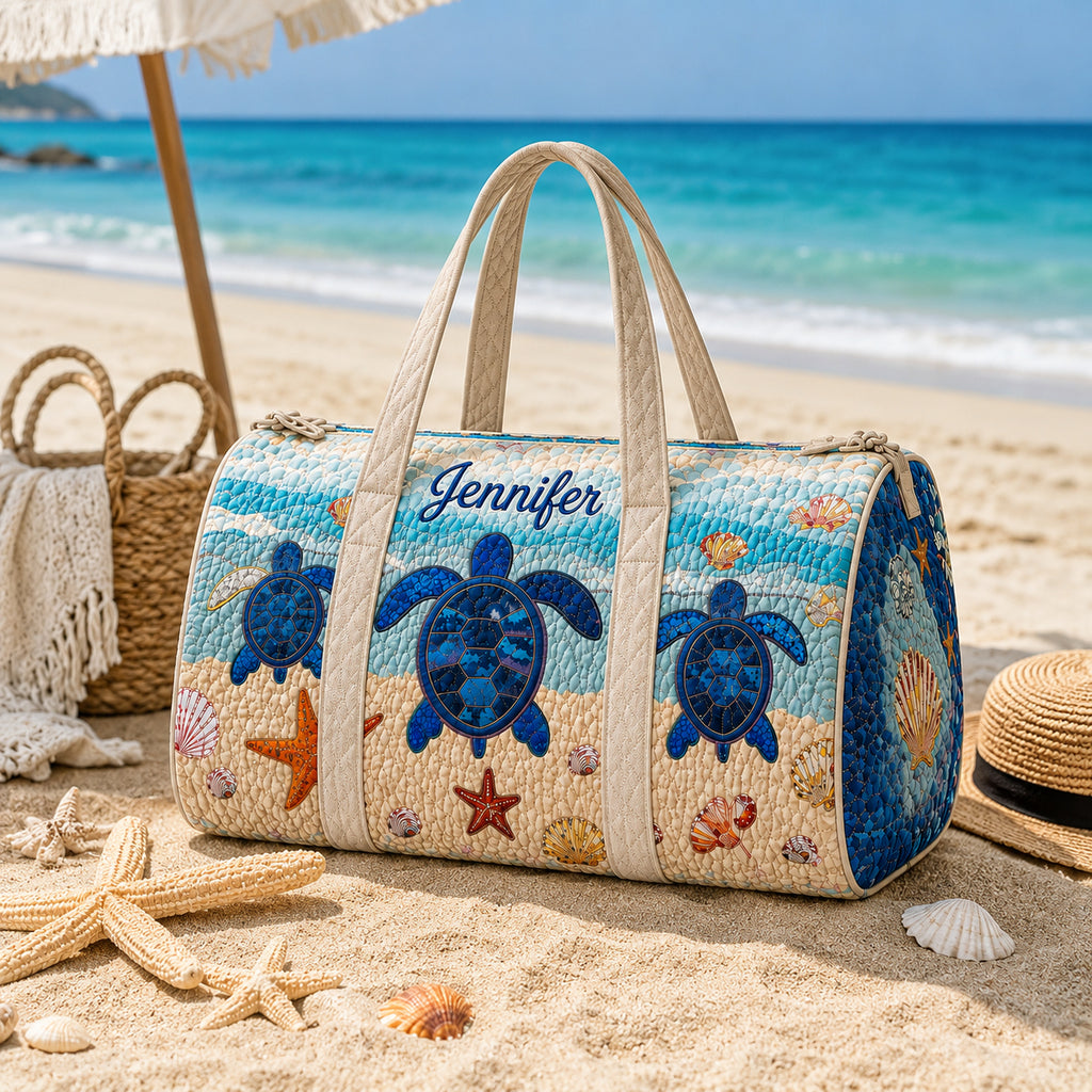 Coastal Sea Turtle Quilted Duffle Bag, Quilted Beach Weekender Bag, Sea Turtle Travel Bag, Quilted Bag Gift QTTVB03