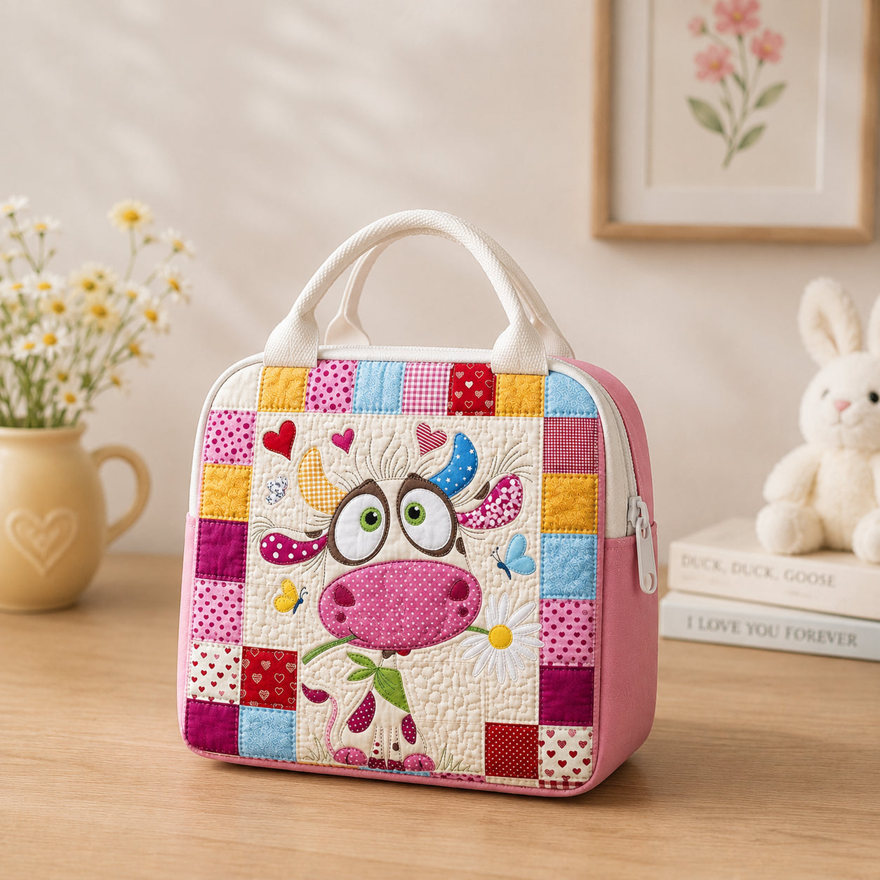 Cute Cow Quilted Lunch Bag, Insulated Quilted Lunch Tote, Animal Lunch Bag, Custom Kid Lunch Bag, Back To School Bag, Picnic Bag, Reusable Lunch Tote QLB08