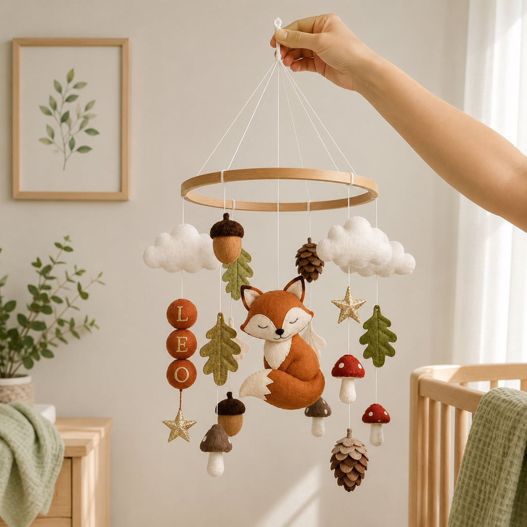 Personalized Fox Felt Baby Mobile, Handmade Woodland Nursery Crib Mobile, Forest Animals Baby Room Decor BBMB08