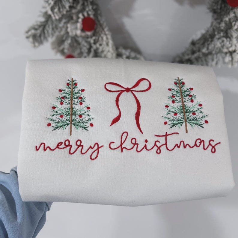 Embroidered Merry Christmas Bow Shirt, Embroidered Christmas Coquette Crewneck Sweatshirt, Embroidered Xmas Tree Shirt, Xmas Gift XMASS02