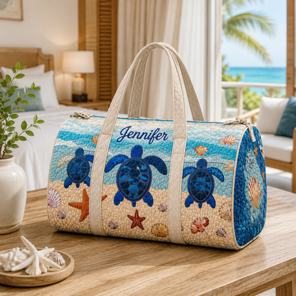 Coastal Sea Turtle Quilted Duffle Bag, Quilted Beach Weekender Bag, Sea Turtle Travel Bag, Quilted Bag Gift QTTVB03