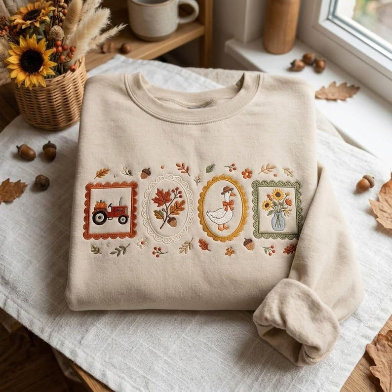 Embroidered Cottagecore Fall Shirt, Unisex Kid/Adult Cozy Season Shirt, Autumn Floral Goose Shirt, Autumn Girly Gift, Halloween Gift Shirt HLNS08