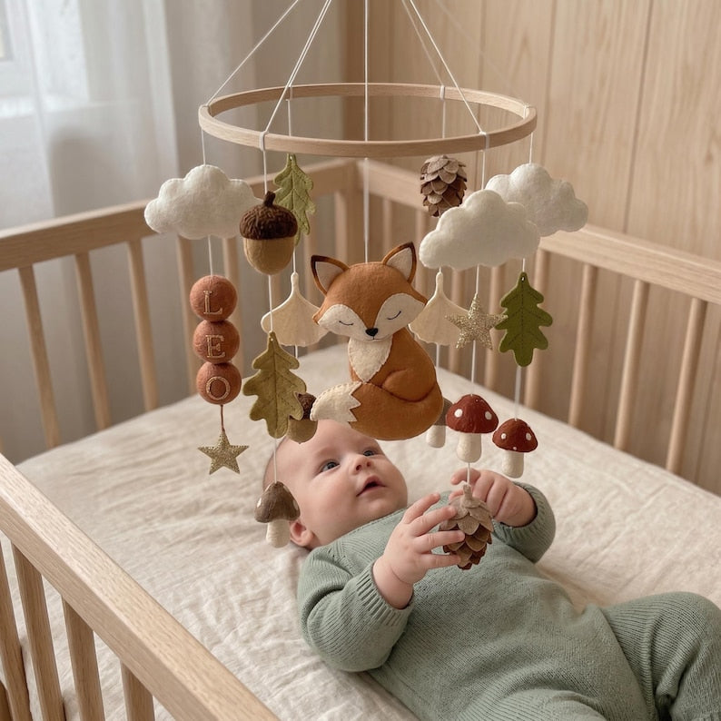 Personalized Fox Felt Baby Mobile, Handmade Woodland Nursery Crib Mobile, Forest Animals Baby Room Decor BBMB08