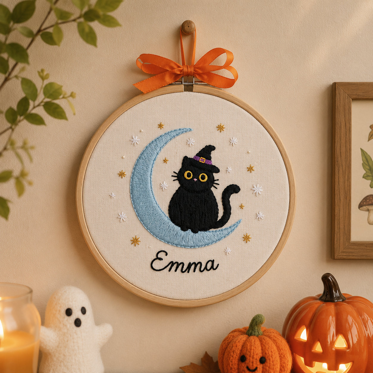 Personalized Black Cat Halloween Hand-Embroidery Hoop, Custom Hand-Embroidered Wall Art, Witch Cat on Moon Decor, Handmade Spooky Nursery Gift HOOP09