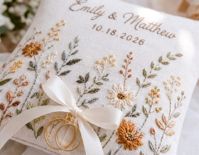 Personalized Embroidered Pastel Floral Wedding Ring Bearer Pillow, Custom Wedding Ring Pillow, Wedding Keepsake Gift WPILLOW07