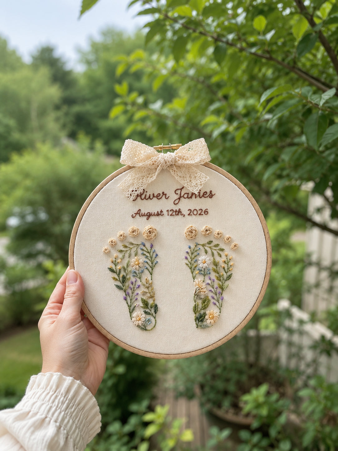 Personalized Hand Embroidered Baby Announcement Sign with Floral Footprints, Custom Baby Name and Birth Date, Handmade Nursery Keepsake Gift for Newborn EM05