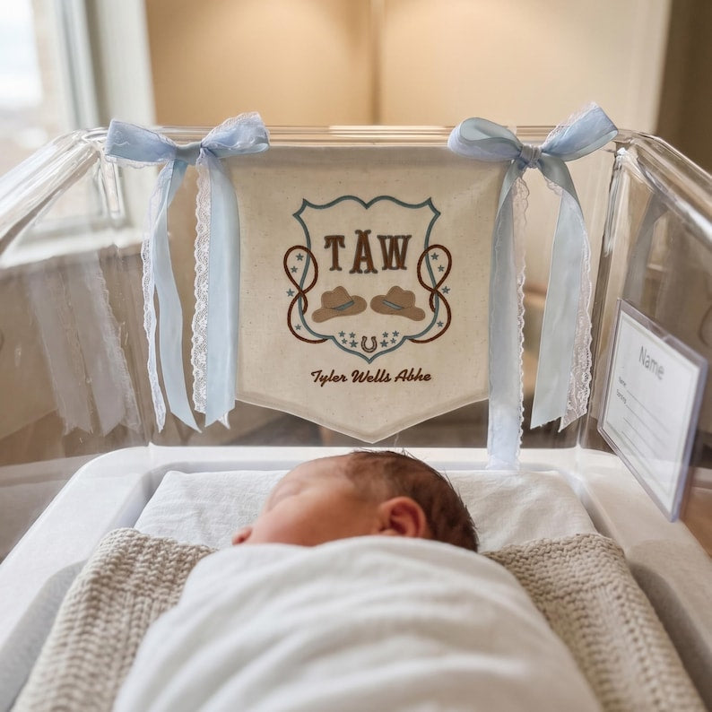 Personalized Cowboy Baby Banner, Custom Name Sign, Baby Name Banner, Monogram Hospital Door Hanger, Baby Shower Gift BBFLAG09