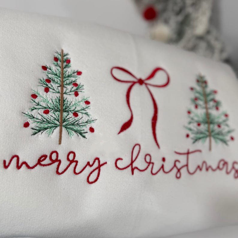 Embroidered Merry Christmas Bow Shirt, Embroidered Christmas Coquette Crewneck Sweatshirt, Embroidered Xmas Tree Shirt, Xmas Gift XMASS02