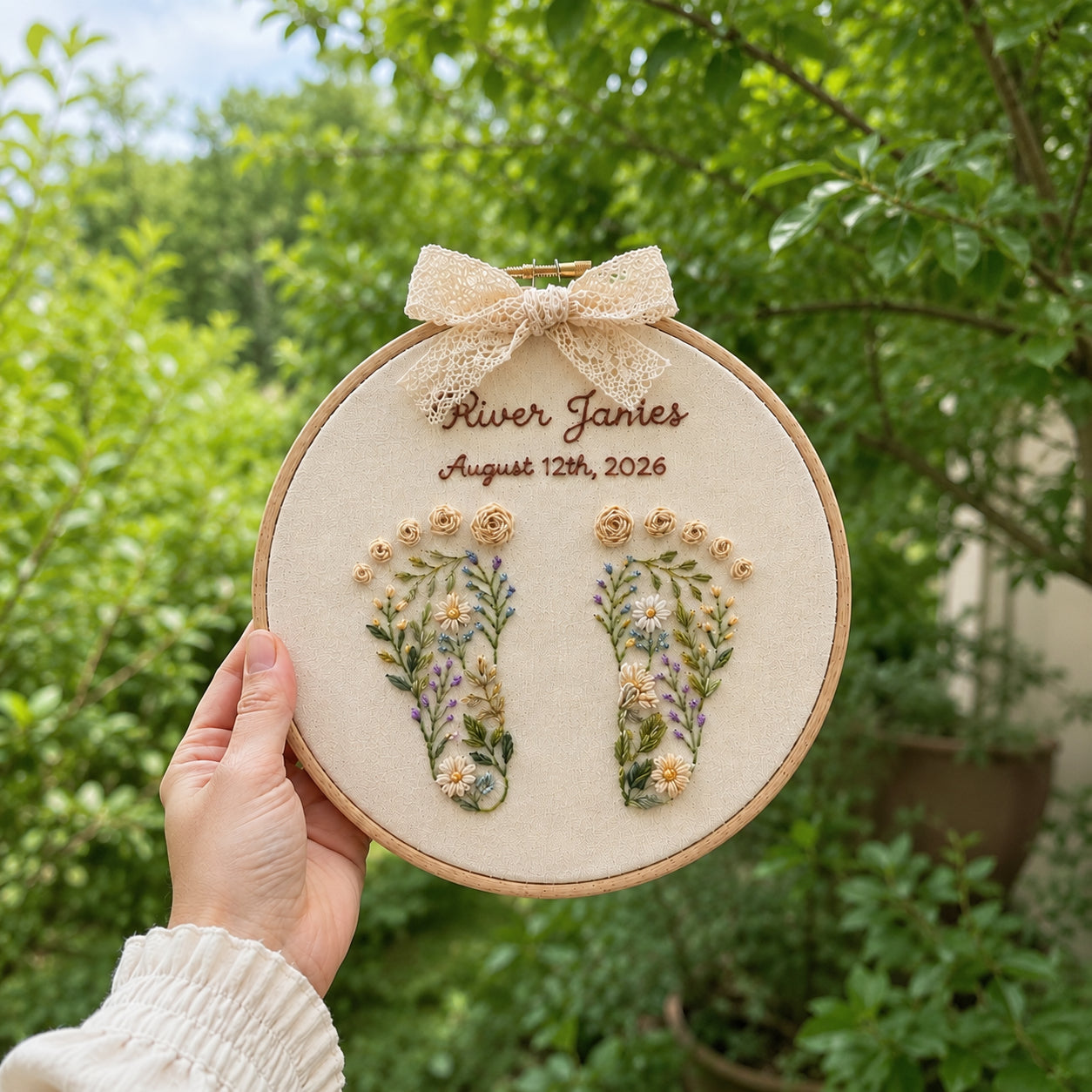 Personalized Hand Embroidered Baby Announcement Sign with Floral Footprints, Custom Baby Name and Birth Date, Handmade Nursery Keepsake Gift for Newborn EM05