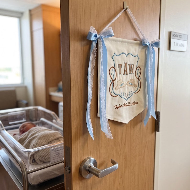Personalized Cowboy Baby Banner, Custom Name Sign, Baby Name Banner, Monogram Hospital Door Hanger, Baby Shower Gift BBFLAG09