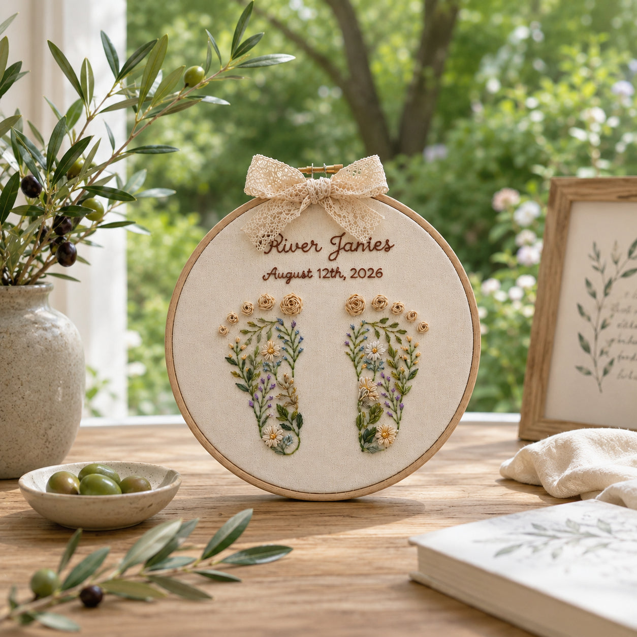 Personalized Hand Embroidered Baby Announcement Sign with Floral Footprints, Custom Baby Name and Birth Date, Handmade Nursery Keepsake Gift for Newborn EM05