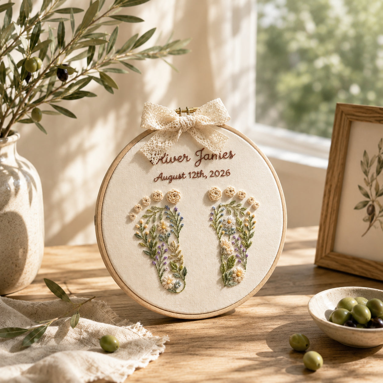 Personalized Hand Embroidered Baby Announcement Sign with Floral Footprints, Custom Baby Name and Birth Date, Handmade Nursery Keepsake Gift for Newborn EM05