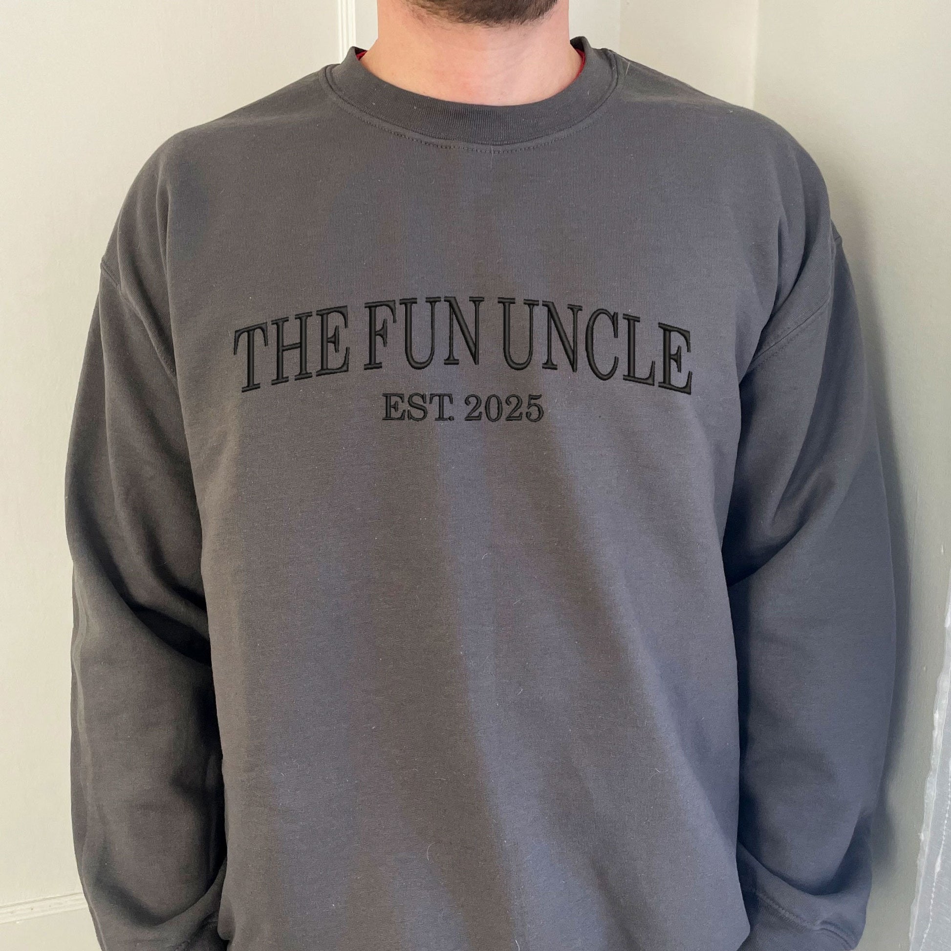 The Fun Uncle Est. Year Embroidered Gemma Crewneck Sweatshirt,  New Uncle Gift, Funcle Top, Pregnancy Announcement Gift