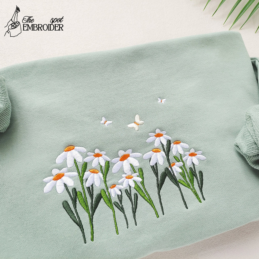 Daisies And Butterfly Embroidered Sweatshirt, Butterfly Sweatshirt, Crewneck Sweatshirt, Embroidery Patterns, Flower Embroidery, Best Gift