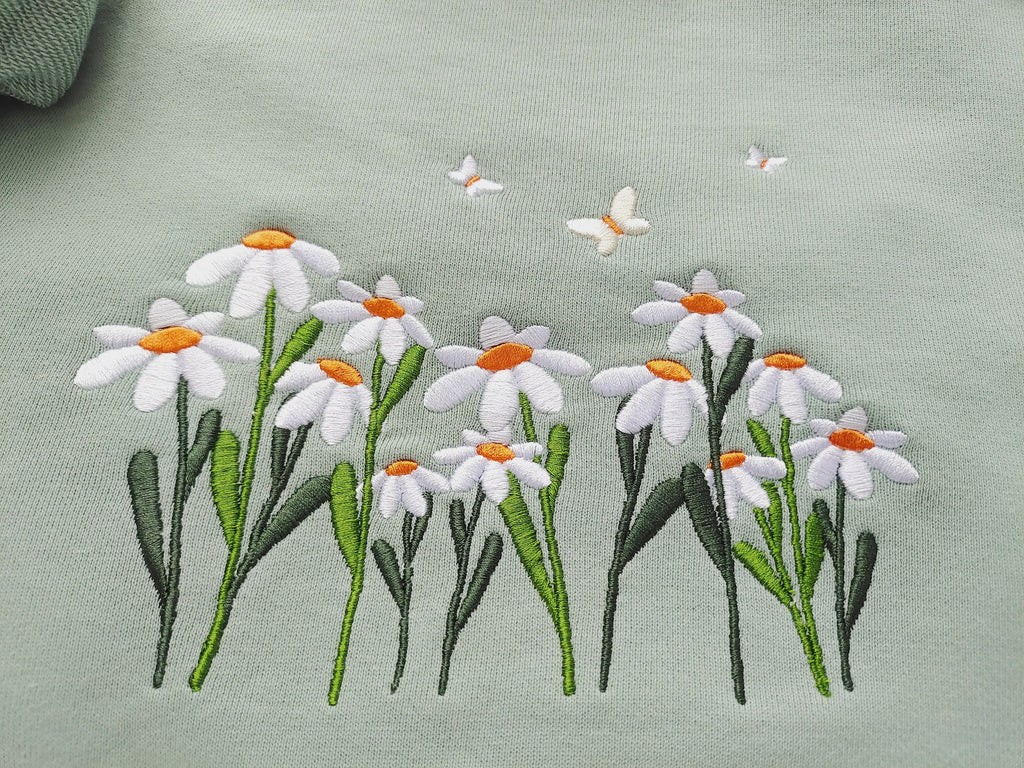 Daisies And Butterfly Embroidered Sweatshirt, Butterfly Sweatshirt, Crewneck Sweatshirt, Embroidery Patterns, Flower Embroidery, Best Gift
