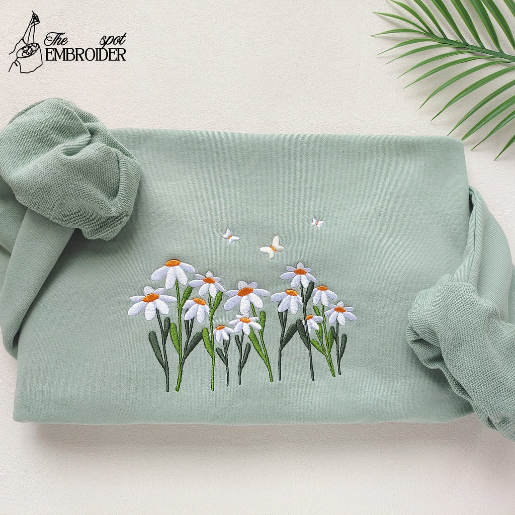 Daisies And Butterfly Embroidered Sweatshirt, Butterfly Sweatshirt, Crewneck Sweatshirt, Embroidery Patterns, Flower Embroidery, Best Gift