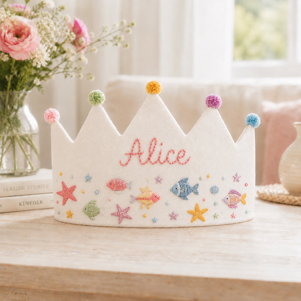 Hand-Embroidered Sea Animal Linen Birthday Crown, Personalized Fish And Beach Name Keepsake, Birthday Crown For Kid, Custom Embroidered Crown EMC08