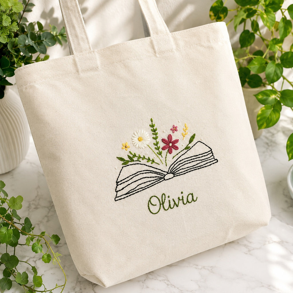 Personalized Hand Embroidered Book & Floral Canvas Tote Bag, Embroidery Flower Tote Bag, Custom Bag, Aesthetic Bag, Handmade Tote Bag EMT09