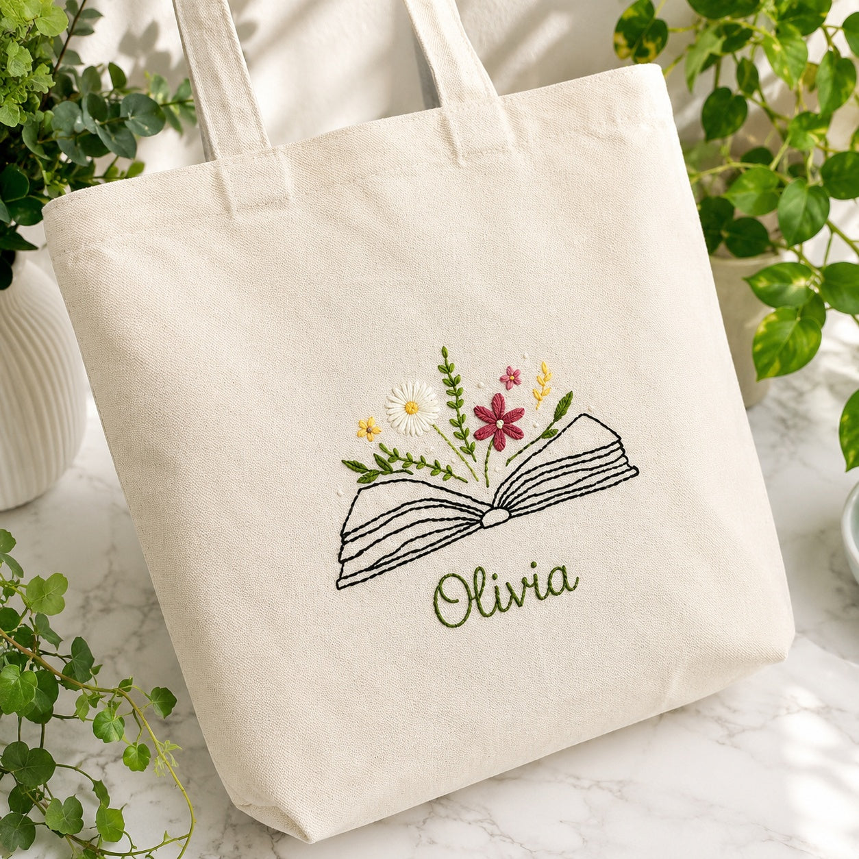 Personalized Hand Embroidered Book & Floral Canvas Tote Bag, Embroidery Flower Tote Bag, Custom Bag, Aesthetic Bag, Handmade Tote Bag EMT09
