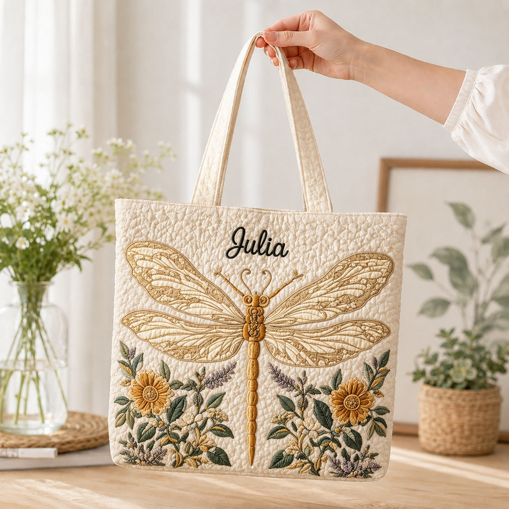 Elegant Dragonfly Floral Quilted Tote Bag, Dragonfly Shoulder Bag, Floral Pattern Art Tote, Fabric Tote Bag, Gift Bag QTOTE33