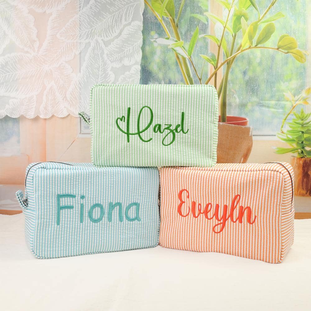 Custom Embroidered Seersucker Toiletry Bag, Personalized Name Travel Pouch, Bridesmaid Gift