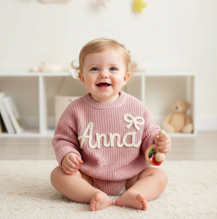 Custom Name Knit Baby Sweater, Handmade Embroidery Baby Clothes, Newborn Gift Idea