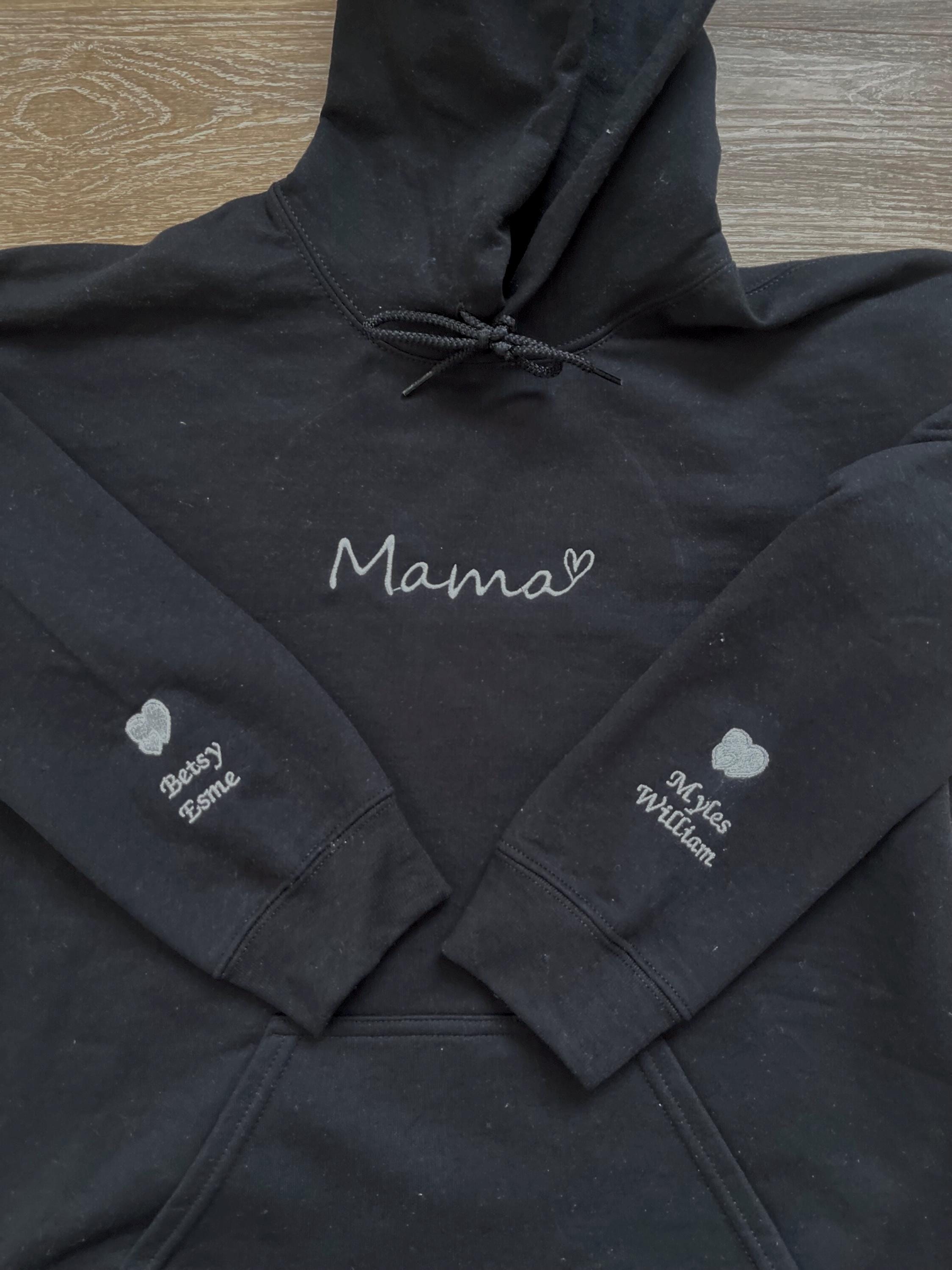 Personalized Mama Hoodie with Names on Sleeve, Custom Embroidered Cuff Sweatshirt, New Mom Hoodie, Mama Jumper, Mother’s Day Gift for Her